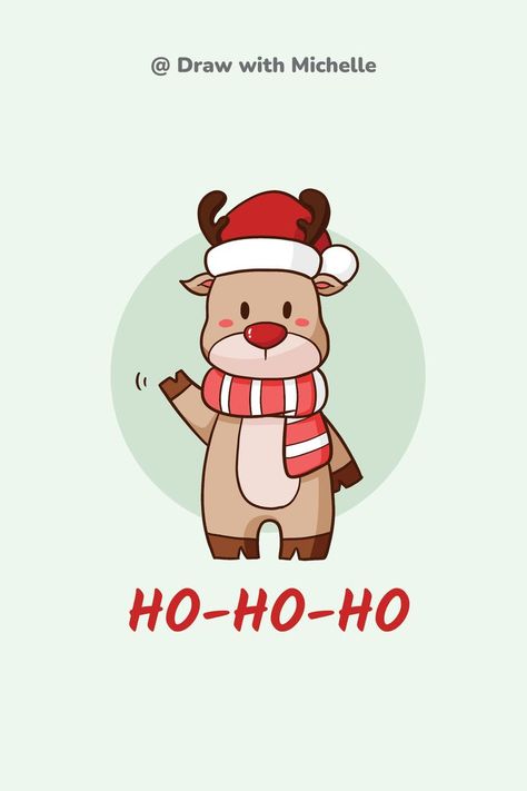 Cute Christmas Animals Cartoon, Reindeer Cartoon Drawing, Cute Christmas Art Drawing, Rudolf Drawing, Simple Reindeer Drawing, Christmas Illustration Drawing, Reindeer Drawing Christmas, Easy To Draw Christmas, Cute Xmas Drawings