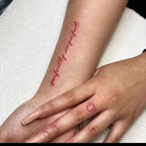 Red Word Tattoo, Inner Wrist Tattoos, Red Word, Red Tattoo Ideas, Red Heart Tattoos, Cursive Tattoos, Word Tattoo, Pink Tattoo, Pretty Hand Tattoos