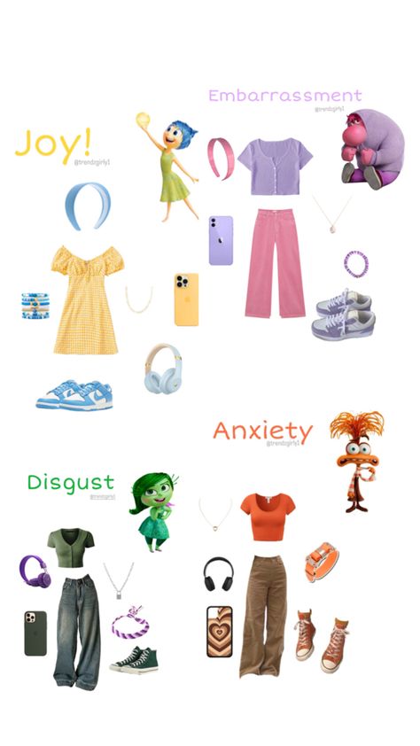 #insideout2 #outfits #outfit #shirt #pants #shoes #accessories Disney Princess Inspired Outfits, Inside Out Costume, Disney Character Outfits, Disney Characters Costumes, Disney Trip Outfits, Princess Inspired Outfits, Classy Halloween Costumes, Disney Themed Outfits, Bff Halloween Costumes