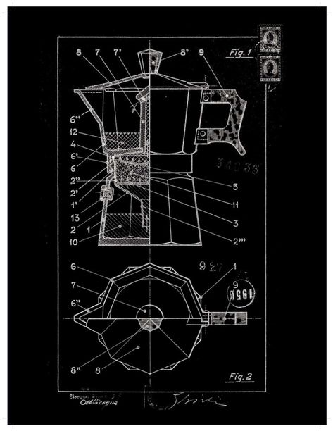 La Macchinetta, the Moka Bialetti - Issimo Bialetti Moka, Exploded View, Moka Pot, Hallmark, Mural, Coffee, Quick Saves, Black, Design