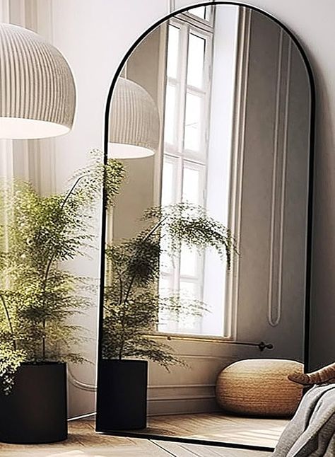 Modern Full Length Mirror In Bedroom, Wall Long Mirror, Arch Black Mirror, Oversized Floor Mirror Bedroom, Oversized Bedroom Mirror, Black Neutral Home Decor, Large Arch Mirror Bedroom, Big Arch Mirror In Living Room, Big Mirror Apartment