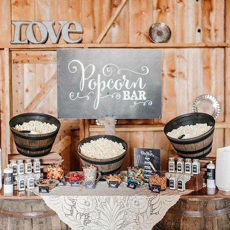 44 Exciting Popcorn Bar Ideas For Your Wedding - Weddingomania Bar At Wedding Reception, Popcorn Bar Ideas, Gourmet Popcorn Bar, Bar At Wedding, Wedding Popcorn Bar, Bridal Shower Baskets, Popcorn Station, Popcorn Buffet, Rustic Wedding Foods