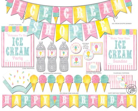 Ice Cream Party Printables Package, Ice Cream Party Decorations, Ice Cream Shoppe Party Printables, Ice Cream Social PDF INSTANT DOWNLOAD Ice Cream Party Printables, Cream Party Decorations, Sundae Party, Ice Cream Shoppe, Ice Cream Party Theme, Ice Cream Party Decorations, Cream Birthday Party, Favor Bag Toppers, Birthday Flags