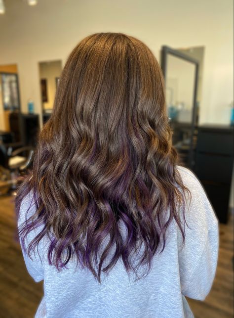 Purple Hair Highlights Dark Brown, Highlights Brown Hair Purple, Brunette Hair With Peekaboo Color, Dark Hair Purple Underneath, Color Highlights On Brown Hair, Purple Hair Highlights Peekaboo, Brunette Peekaboo Highlights, Subtle Peekaboo Hair Color Brunettes, Medium Brown And Purple Hair