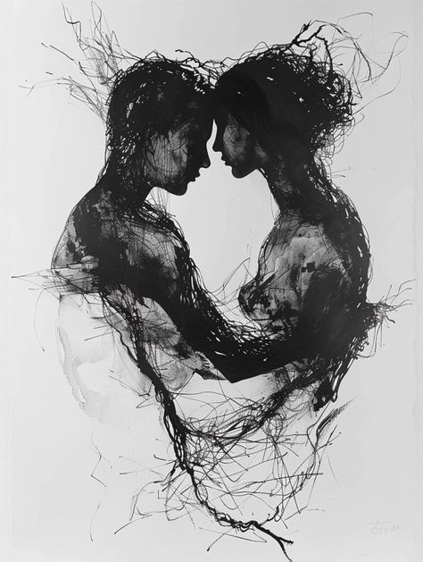 Exploring the "Entwined Couple Series" in Digital Ink Art Black And White Love Art, Companionship Art, Couple Silhouette Photography, Lovers Silhouette, Man And Woman Silhouette, Soulmates Art, Romantic Illustration, Ink Drawing Techniques, Tattooed Woman