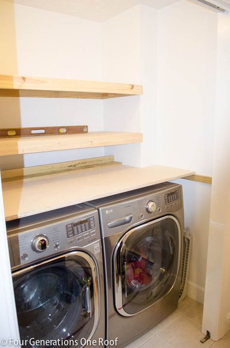 DIY Floating Shelves {laundry room} | Four Generations One RoofFour Generations One Roof Diy Shelf On Top Of Washer And Dryer, Floating Shelf Over Washer And Dryer, How To Build Counter Over Washer And Dryer, Shelf On Top Of Washer And Dryer, Floating Shelf Above Washer And Dryer, Diy Shelf Over Washer And Dryer, Open Shelves Laundry Room, Floating Shelves Laundry, Floating Shelves Laundry Room