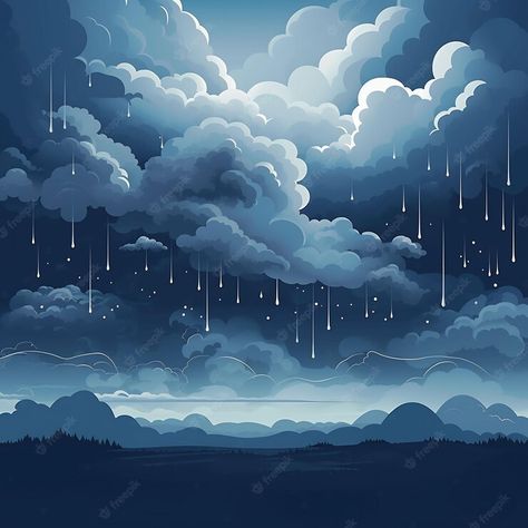 Night Sky Raining, Weather Painting Art, Storm Clouds Illustration, Rain Clouds Drawing, Rain Aesthetic Drawing, Paintings Of Rain, Rain Art Drawings, How To Paint Rain, Clouds Art Drawing