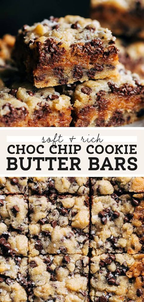 These chocolate chip cookie butter bars are so rich and buttery with a layer of cookie butter baked in the center. They're soft, rich, and melt in your mouth with delicious cookie butter flavor. #cookiebutter #cookiebars #cookiebutterbars #butternutbakery | butternutbakeryblog.com Chocolate Chip Butter Bars, Cookie Butter Chocolate Chip Bars, Chocolate Chip Cookie Butter Bars, Barnes And Noble Salted Caramel Cookies, Recipes That Use A Lot Of Butter, Dessert With Cookie Butter, Easy Cookie Bars Recipes, Delicious Things To Bake, Bars And Cookies Recipes