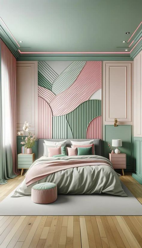 25 Beautiful Green and Pink Bedroom Ideas for a Unique Touch - Roomy Retreat Master Bedrooms Decor Pastel, Pastel Interior Design Modern, Green And Pink Bedroom Ideas, Green And Pink Bedroom, Pink Green Bedrooms, Living Room Decor Brown Couch, Pink Bedroom Ideas, Mixing Colors, Living Room Decor Curtains