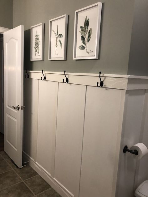 Wainscoting Bathroom With Hooks, Batten Board Bathroom Walls, Wainscoting Bathroom Farmhouse, Board And Batten Bathroom Colors, Bathroom Wall Board And Batten, Batton Board Bathroom Wall, Bathroom Wanescotting Ideas, Bathroom Batten Board, Board And Batten Small Bathroom