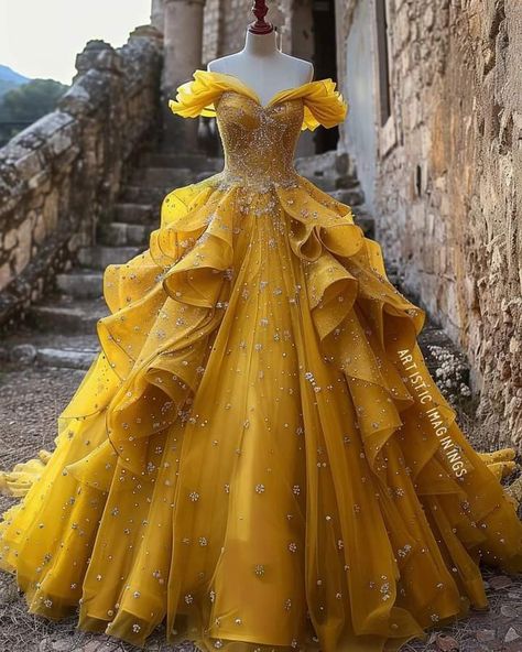 Big Yellow Dress, Beauty And The Beast Sweet 16, Yellow Quince Dress, Quinceanera Dresses Yellow, Yellow Quinceanera Dresses, Yellow Princess Dress, Belle Ball Gown, Yellow Ball Gown, Belle Gown