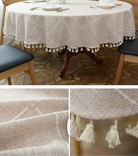 Amazon.com: Heavy Weight Cotton Linen Tablecloth, Plaid Tassel Round Table Cover for Kitchen Dining Room Tabletop Decorations, Round - 48", Beige : Home & Kitchen Round Dining Table Cloth Ideas, Raner Table, Table Cover Ideas For Home, Round Table Cloth Ideas, Round Tablecloth Ideas, Curtain Panels Living Room, Table Cloth Round, Grey Tablecloths, Large Round Table