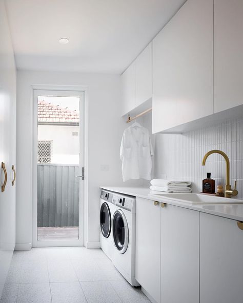 Laundry Bathroom Combo, White Laundry Room, Narrow Laundry Room, Laundry Makeover, White Laundry Rooms, Laundry Room Flooring, Dream Laundry Room, White Laundry, Laundry Room Layouts