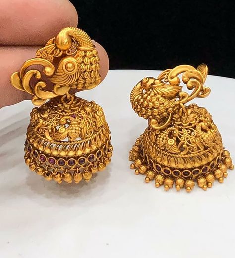 Peacock Designer Matte Finish Jhumkas ~ South India Jewels Peacock Design Gold Jumkas, Golden Jhumkas Indian Designers, Jumka Design Gold, Gold Jhumka Designs, Golden Jhumka, Earrings Jhumka, Gold Jhumka, Jhumka Designs, Wedding Jewelry Sets Bridal Jewellery