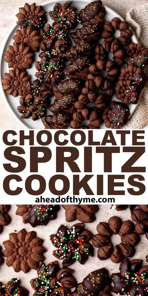 Chocolate Spritz Cookies are a rich and indulgent twist on the classic buttery spritz cookies. These melt-in-your-mouth chocolate cookies are shaped into different beautiful festive designs and can be dipped in extra chocolate or topped with colorful sprinkles for an extra sweet touch. This easy recipe is the perfect way to share the holiday spirit with friends and family without spending too much time baking. | aheadofthyme.com #chocolatespritzcookies #chocolatecookies #spritz via @aheadofthyme Nyt Cooking Christmas Cookies, Buttery Italian Spritz Cookies, Chocolate Peppermint Spritz Cookies, Recipe For Spritz Cookies, Chai Spritz Cookies, Cookie Press Shortbread Cookies, Taylor Swift Cookies Chia, Keto Spritz Cookies, Shortbread Spritz Cookies