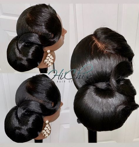 Pin Curl Bun Updo Wedding Hairstyles, Quick Wedding Updo, Event Updo Hairstyle, Wedding Bun Hairstyles For Black Women, Prom Bun Hairstyles, Black Hair Bun Styles, Prom Hairstyles Bun, Bridal Bun Hairstyles, Black Bridesmaids Hairstyles