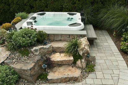 spas help make picturesque backyards, outdoor living, spas, Hot Tub Hydrotherapy Backyard Hot Tub, Backyard Spa, Rock Steps, Hot Tub Landscaping, Hot Tub Patio, Hot Tub Designs, Outdoor Hot Tub, Hot Tub Deck, Hot Tub Backyard