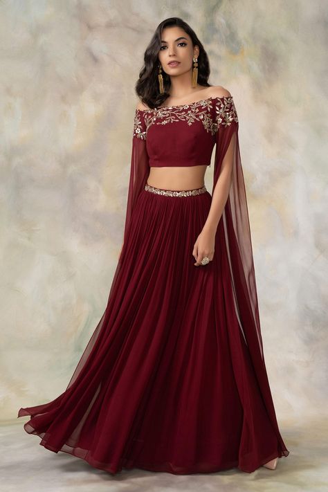 Shop for Pooja Peshoria Maroon Georgette Lehenga With Off Shoulder Crop Top for Women Online at Aza Fashions Off Shoulder Lehenga, Modern Lehenga, Lehenga Top, Lehenga Crop Top, Simple Lehenga, Crop Top Lehenga, Indian Outfits Lehenga, Lehenga Designs Simple, Stylish Crop Top