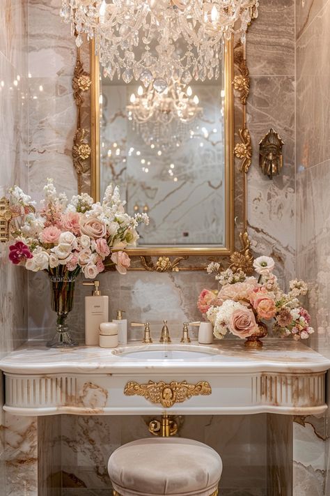 Luxurious Bathroom Vanity Design: Marble, Gold Accents & Floral Elegance Gold Sink Bathroom, Fancy Bathroom Luxury, Old Money Bathroom, Vintage Luxury Aesthetic, Elegant Vintage Aesthetic, Fancy Vanity, Ornate Bathroom, Vintage Glam Decor, Glam Cottagecore