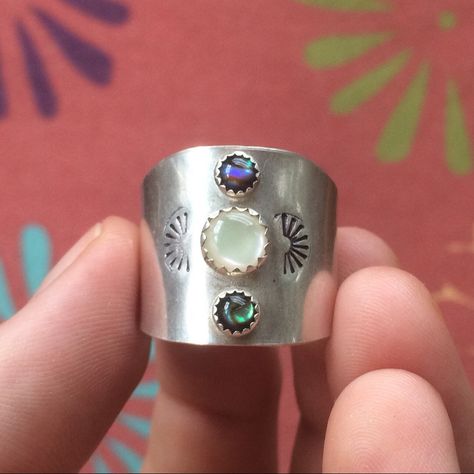 Handcrafted One Of A Kind Sterling Silver Third Eye Rings. First One Shown Features Mother Of Pearl And Natural Abalone With Hand-Stamped Sunburst Detailing. The Second One Features Genuine Turquoise With Tigers Eye Gemstones And Hand-Stamped Sunburst Derailing. Adjustable Band. Brand New, Never Worn And Handmade By Me! Sea Shell Rings, Funky Jewelry Rings, Metal Smithing Jewelry, Gemstone Rings Silver, Gem Stone Jewelry, Silversmith Rings, Jewel Tattoo, Silversmithing Jewelry, Abalone Ring