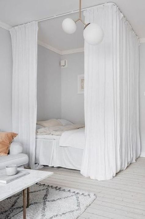 31+ Brilliant Studio Apartment Decor Ideas That Are Oh So Beautiful - From Lemons To Luxury Dividers For Studio Apartments, Curtains Around Bed, Studio Apartment Bed, Studio Apartment Decor Ideas, Studio Apartment Decor, Bedroom Divider, Apartment Curtains, Small Studio Apartment Ideas, Small Studio Apartment Decorating