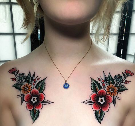 American Traditional Symmetrical, Alt Collar Bone Tattoo, Traditional Flower Collar Bone Tattoo, Neo Traditional Collar Bone Tattoo, Chest Tattoo Female American Traditional, Trad Collar Bone Tattoo, Trad Flowers Tattoo, Chest Tattoo Traditional Women, Traditional Collar Bone Tattoo Women