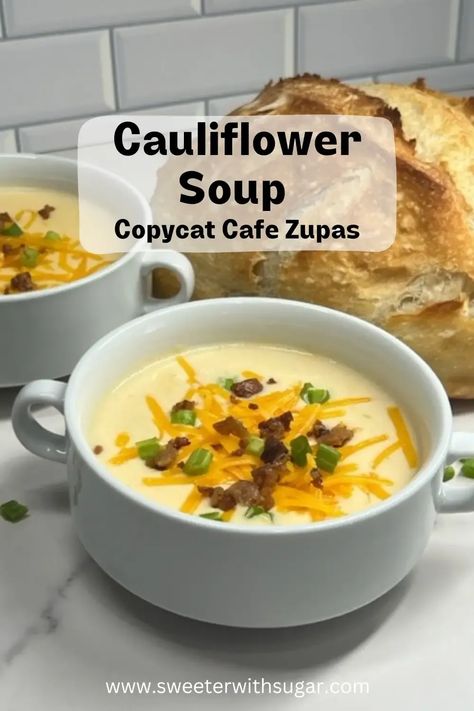 Wisconsin Cauliflower Soup is a creamy and delicious copycat recipe of Zupas delicious soup. It is a great comfort food recipe you will love. #Zupas #WisconsinCauliflowerSoup #Copycat #Soup #ComfortFood Wisconsin Cauliflower Soup Zupas, Wisconsin Cauliflower Soup, Stove Top Soup Recipes, Stove Top Soup, Pesto Soup, Easy Taco Soup, Vegetable Soup With Chicken, Instant Pot Soup Recipes, Instant Pot Soup