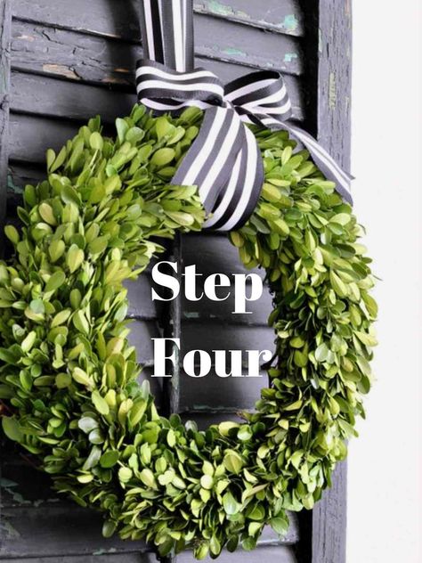 Boxwood Wreaths On Windows, Greenery Around Door Frame, Boxwood Wreath With Ribbon Christmas, Wreaths On Interior Doors, Hang Indoor Wreath, Wreath Hanging From Ribbon On Mirror, Wreaths Over Mirrors, Wreath Hanging From Ribbon Front Door, Ribbon Hanging Wreath