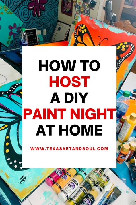 Bling Paint Party, How To Host A Paint Night, Host A Painting Party Diy, Paint With A Twist Ideas Parties, Pass The Painting Game, Paint Night Decoration Ideas, Painting With A Twist Ideas Parties, Group Paint Night Ideas, Fun Paint Night Ideas