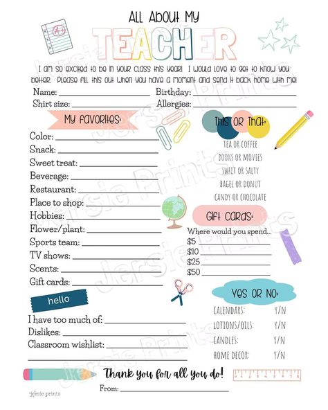 All About My Teacher / Teacher … curated on LTK Get To Know My Teacher Printable, Teachers Likes List, Room Mom Teacher Questionnaire, Teacher Get To Know You, Teacher Get To Know You Free Printable, Teacher Getting To Know You Sheet, Teachers Favorites Printable, All About Me For Teachers To Fill Out, Teacher Information Sheet For Gifts