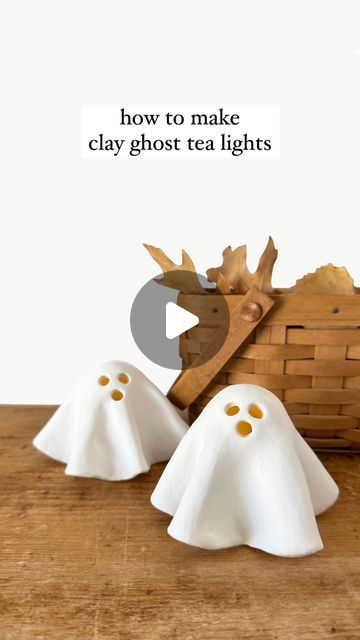 Air Dry Ghost, Clay Ghost Tealights, Air Dry Clay Mini Ghosts, Air Dry Clay Ghost Tea Light, Easy Clay Ideas Step By Step, Light Clay Ideas, Air Dry Clay Ghost, Fall Clay Ideas, Halloween Clay Ideas