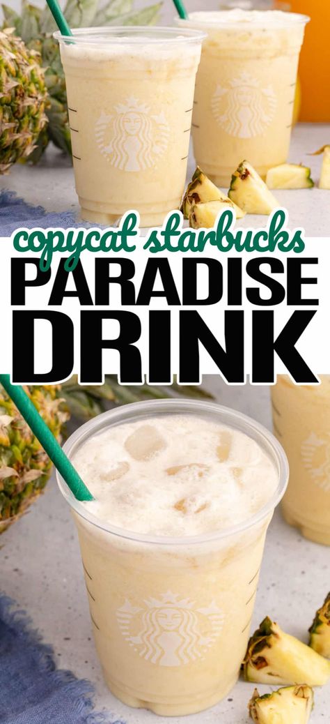 Tropical Copycat Starbucks Paradise Drink is a refreshing getaway on a hot day, full of sweet pineapple, passion fruit, and coconut milk! Pineapple Coconut Refresher, Coconut Milk And Pineapple Juice, Pineapple Juice And Coconut Milk, Pineapple Coconut Milk Drink, Coconut Milk Refresher Drink, Drinks To Make With Coconut Milk, Coconut Syrup Drink Recipes, Coconut Milk Drinks Healthy, Pineapple Drinks Healthy