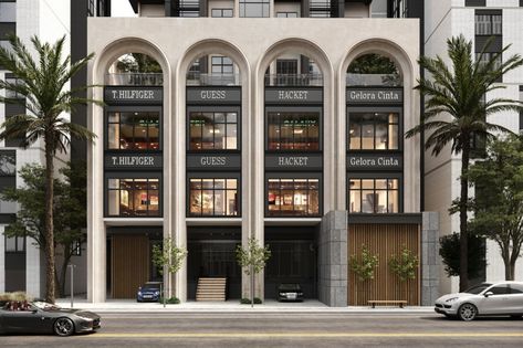 Restoration Hardware Building, Commercial Building Architecture Design, Commercial Buildings Facade, Modern Classic Building Facade, Comercial Building Exterior Design, Classic Commercial Building Exterior, Commercial Building With Apartment, Exterior Design Commercial Building, Elevation Design Commercial Building