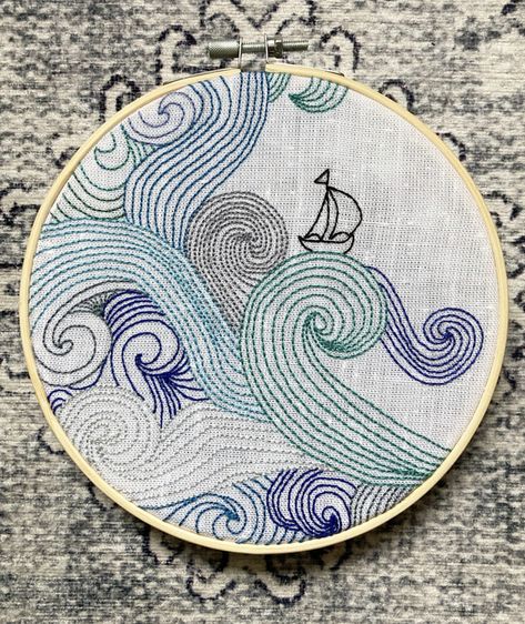 Sea Embroidery Ideas, Sailing Embroidery, Embroidery Ocean, Water Embroidery, Jellyfish Embroidery, Boat Embroidery, Ocean Embroidery, Sea Embroidery, Wave Embroidery