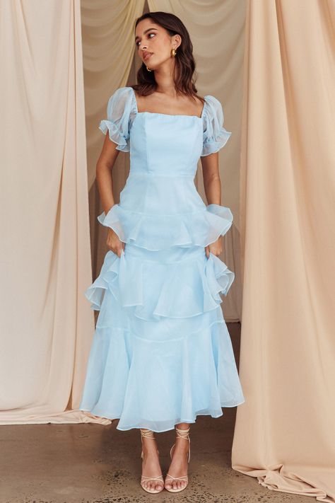 Delwynn Puff Sleeve Layered Midi Dress Blue Long Blue Formal Dresses, Layered Formal Dresses, Organza Tiered Dress, Blue Ruffled Dress, Tiered Organza Dress, Hoco Dresses Flowy Long, Cheap Modest Dresses, Midi Semi Formal Dress, Knee Length Hoco Dress