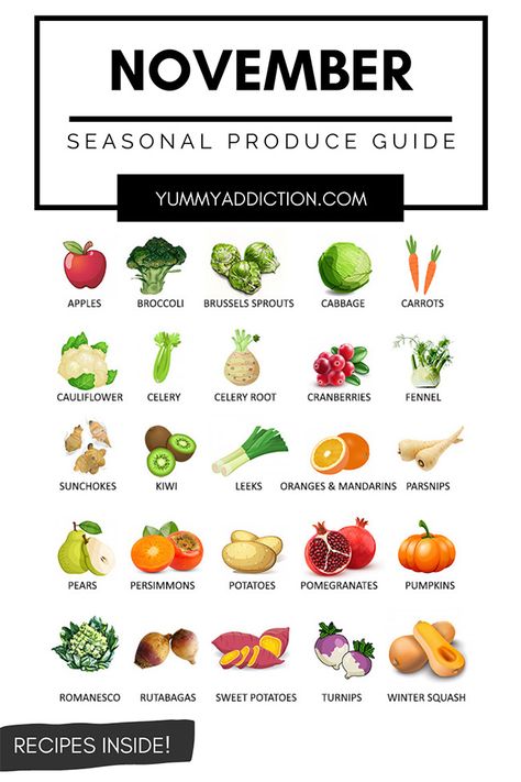 A seasonal produce guide highlighting fruits and vegetables that are at their best in November. Tips on how to use them and recipes inside! #produce #november #vegetables #fruits #seasonal November Fruits In Season, November Fruits And Vegetables, Seasonal Veggies And Fruits, November Seasonal Produce, November Produce In Season, Seasonal Produce November, November Vegetables, November Produce, What To Plant In November