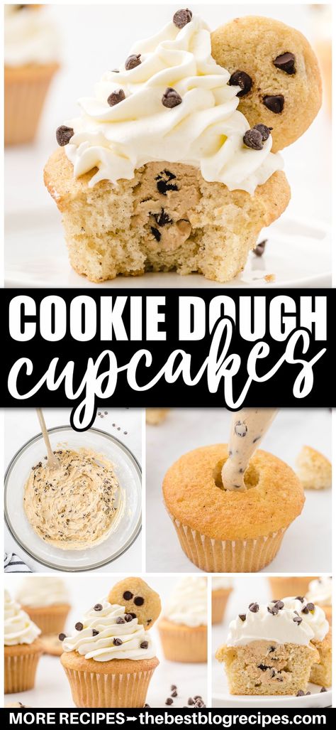 The best cupcake for cookie dough lovers! These indulgent cupcakes are easy vanilla cupcakes filled with edible cookie dough and topped with a whipped cream frosting. The ultimate dessert for cupcake and cookie lovers. Cookie Dough Cupcakes Recipe, Chocolate Chip Cookie Dough Cupcakes, Easy Cookie Dough, Easy Vanilla Cupcakes, Homemade Cookie Dough, Best Cupcake, Cookie Dough Cupcakes, Cookie Dough Filling, Cookie Dough Frosting