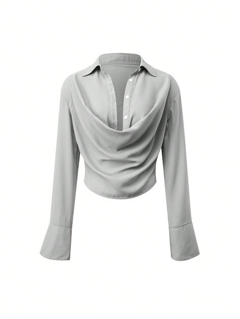 Grey Casual Collar Long Sleeve Woven Fabric Plain Top Embellished Non-Stretch  Women Clothing Modest Dresses Fashion, Draped Collar, Dressy Casual Outfits, Fashion Terms, Stylish Work Attire, Shein Icon, Modest Dresses Casual, Pretty Shirts, Mode Chic