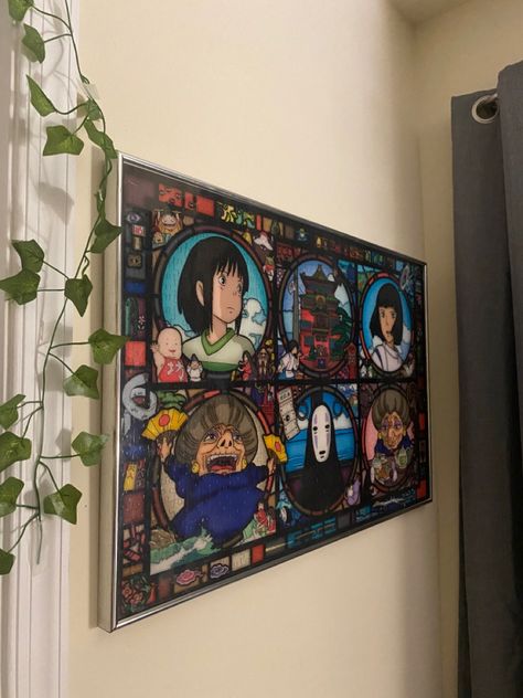 Studio Ghibli Inspired Decor, Anime Home Decor Ideas, Anime Gallery Wall, Studio Ghibli Home Decor, Uni Notion, Album Wall Decor, Ghibli Girl, Ghibli Room, Getting My Life Together