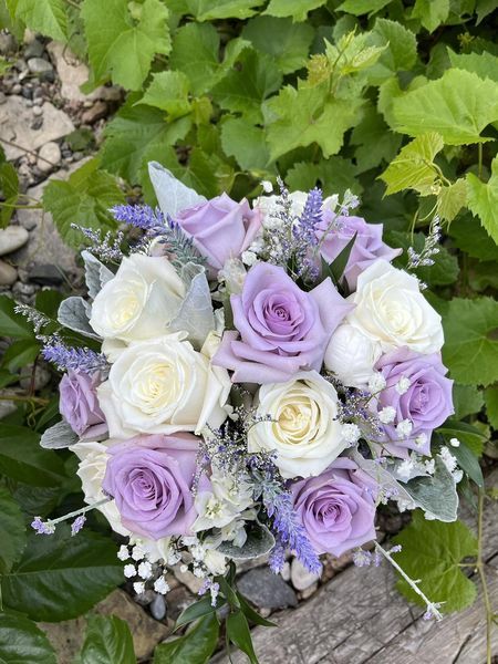 Lavender Roses, Baby Breath, White Roses, Dried lavender makes up this wedding bouquet Lavender And Roses Bouquet, Bride Bouquets Lilac, Light Purple And White Flower Bouquet, Lilac And Dusty Rose Wedding, White And Purple Flower Bouquet, Lavender White Wedding, White And Lavender Wedding, Purple And White Bouquet, Purple Roses Wedding