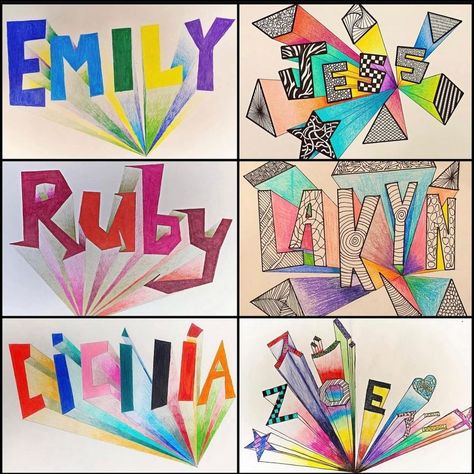 Osage Trail Middle School ART on Instagram: “One-Point Perspective Names 🤩 This is a great intro project for perspective and middle schoolers love drawing their own name 😂 On the left…” Name Art Projects, Intermediate Art, School Art Activities, Name Drawings, Middle School Art Projects, 6th Grade Art, Art Teaching, Child Art, Art Worksheets