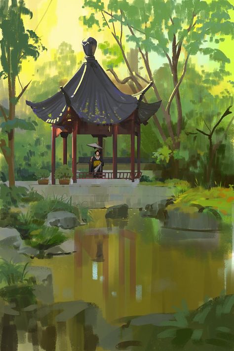 349/365 Japanese garden by snatti89.deviantart.com on @DeviantArt Environment Painting, Landscape Concept, Japanese Landscape, Lukisan Cat Air, Digital Painting Tutorials, Comics Art, Fantasy Art Landscapes, Landscape Illustration, 판타지 아트