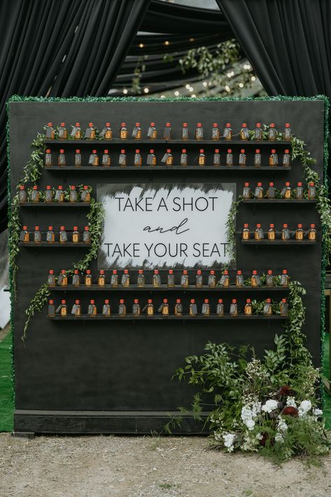 Fireball Wall Wedding, Wedding Seating Chart Drinks, Fireball Seating Chart, Alcohol Seating Chart Wedding, Shots Seating Chart Wedding, Shot Glass Place Cards Wedding, Drinks Seating Chart, Wedding Drink Seating Chart, Cocktail Seating Chart Wedding