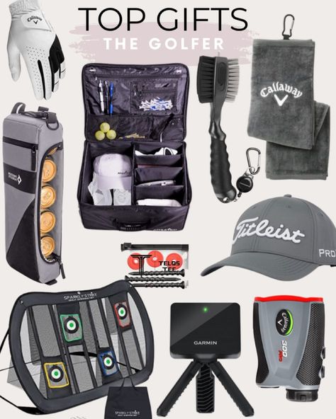 Gifts for the enthusiast include golf towel, Garmin Approach R10, Portable Golf Launch Monitor, ATTA GOLF Telos Premium Tees, Callaway Laser Rangefinders, Titleist Men's Tour Performance Hat, Freedom Pursuits Cooler Bag Plus 2 Ice Packs, Callaway Weather Spann Premium Synthetic, Athletico Trunk Organizer Storage, Golf Club Brushes and Groove Cleaner Gold gifts, gifts for golfer, gifts for him, gifts for her, gift guide, sports gifts #LTKunder100 #LTKmens #LTKGiftGuide Gifts For The Golf Lover, Golfer Gift Ideas, Gift For Golfers Men, Golf Bag Essentials, Golfing Gifts For Men, Golf Bags Mens, Golf Presents For Men, Golf Gift Ideas For Men, Golfer Gifts Men