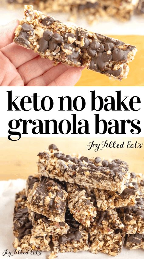 This Low Carb Chocolate Chip Granola Bars Recipe has just 6 ingredients and takes 10 minutes to make. My healthy no bake granola bars are perfect to keep in your purse for emergencies or send in your child's lunchbox to school. Each keto-friendly bar has 5 net carbs and is full of protein and good fats with nuts, coconut, and chocolate. You can customize them with your favorite mix-ins! This easy recipe is low carb, keto, gluten-free, grain-free, sugar-free, and Trim Healthy Mama friendly. Chocolate Almond Granola, Keto Granola Bars, Almond Granola Bars, Low Carb Granola Bars, Bake Granola Bars, No Bake Granola, Keto No Bake, Low Carb Granola, No Bake Granola Bars