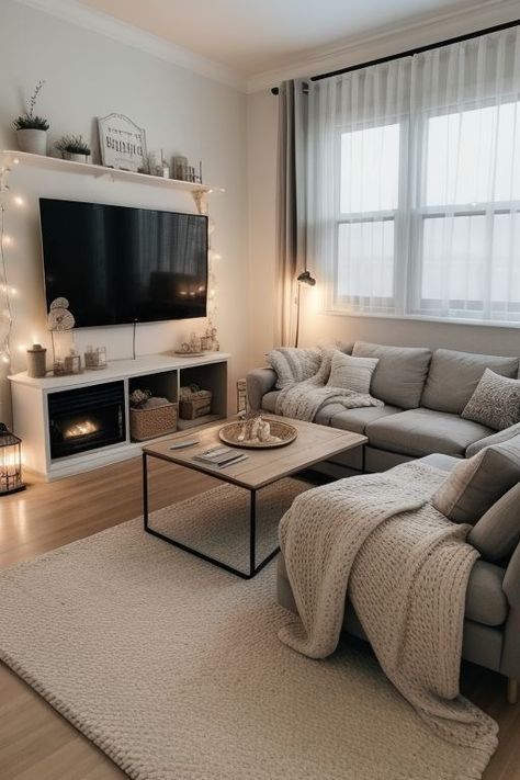 Home Decor Ideas Living Room Apartment Neutral Colors, 1 Bed Apartment Living Room Ideas, Neutral Color Apartment, 1st Apartment Aesthetic, Cozy Condo Interior Design, One Bedroom Apartment Ideas Living Room, Grey Apartment Decor, Neutral Small Living Room, Cozy Tv Room Ideas