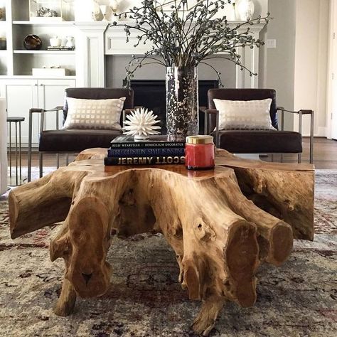 Teak root coffee table would make for a beautiful conversation starter in your Rising Barn. Tree Stump Furniture, Rustic Furniture Design, Stump Table, Driftwood Table, Log Furniture, Diy Holz, Diy Coffee Table, Tree Trunks, Diy Coffee