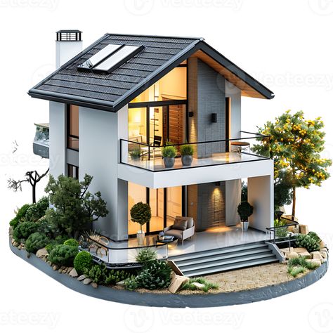 Modern bungalow on isolated background House Models Architecture, 2 Storey Tiny House, Bungalow House Design Modern, Loft House Exterior, Tiny Modern House, Two Storey House Design, Small House Model, Small House Blueprints, House Png