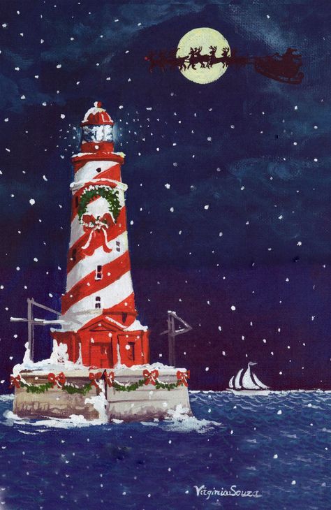 Christmas Lighthouse Painting, Christmas Lighthouse, Lighthouse Paintings, Season Painting, Beach Christmas Card, Lighthouse Drawing, Sailing Painting, Paint Christmas, Lighthouse Painting