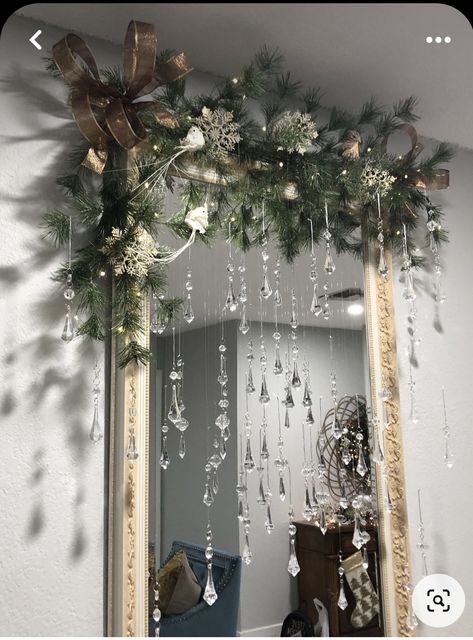 Feminine Mantle Decor, Christmas Mansion Aesthetic, Window Christmas Garland Ideas, Winter Frost Christmas Decor, Christmas Garland Mirror Decor, Double Door Entryway Christmas Decor, Christmas Decorations For Mirrors, Garland Over Mirror Christmas Decor, Christmas Mirror Ideas